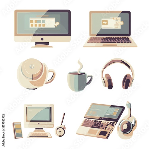 Tech Icons Coffee Break Desk Setup With Computers Laptops Headphones Mug photo