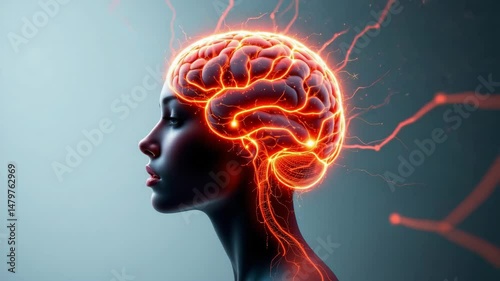 Glowing human brain with electric energy highlights mental burnout and cognitive overload thoughtful person profile, symbolizing intense energy