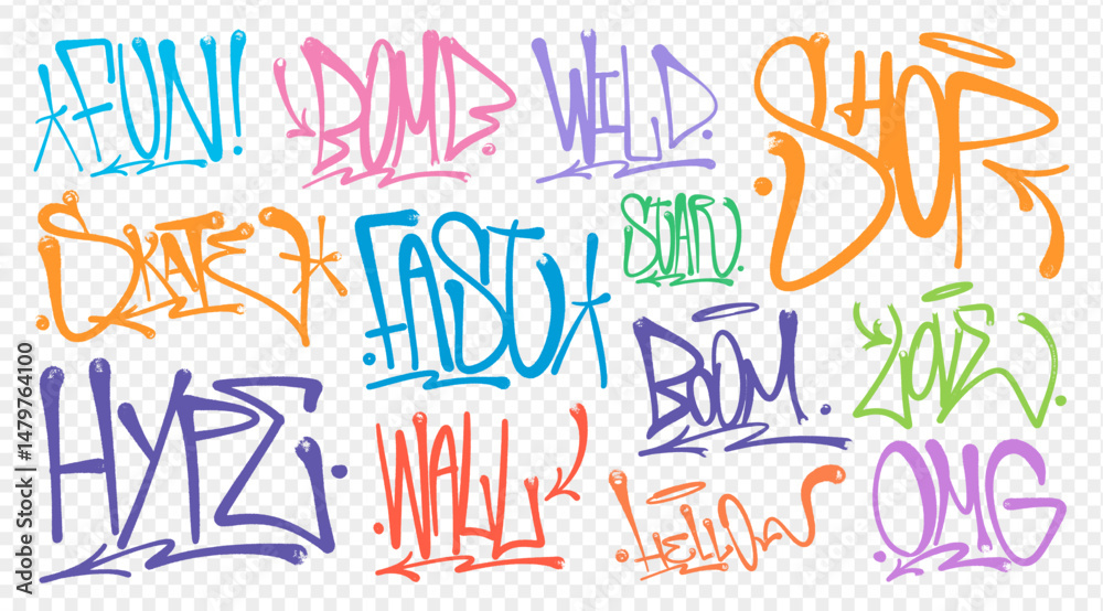 Fototapeta premium Street hip-hop graffiti tags, a collection of various inscriptions