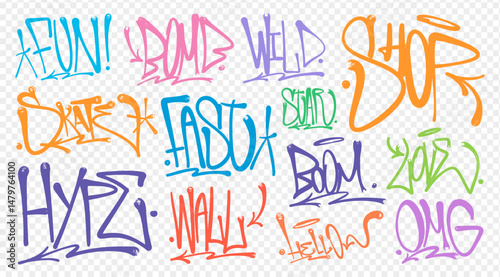 Street hip-hop graffiti tags, a collection of various inscriptions