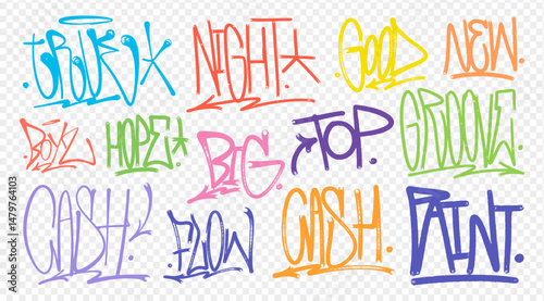 Street hip-hop graffiti tags, a collection of various inscriptions