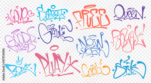 Street hip-hop graffiti tags, a collection of various inscriptions