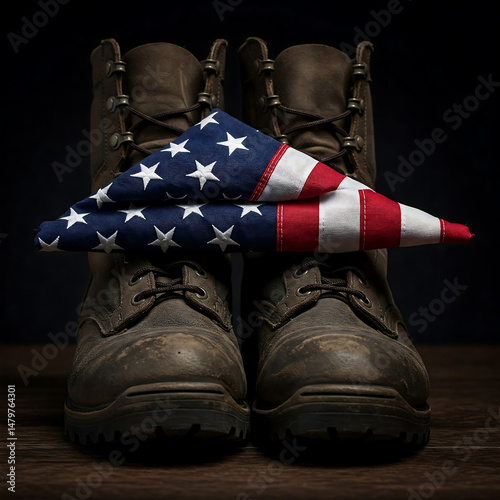 American flag and veteran boots symbolizing remembrance and patriotism on memorial day