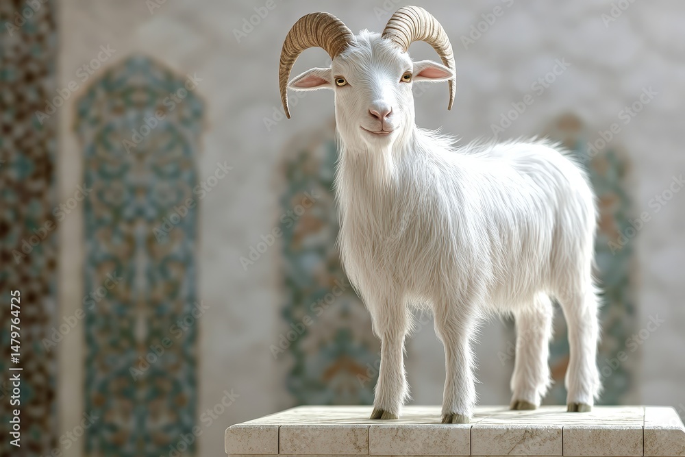 Fototapeta premium White goat standing on a stone pedestal in an ornate room.