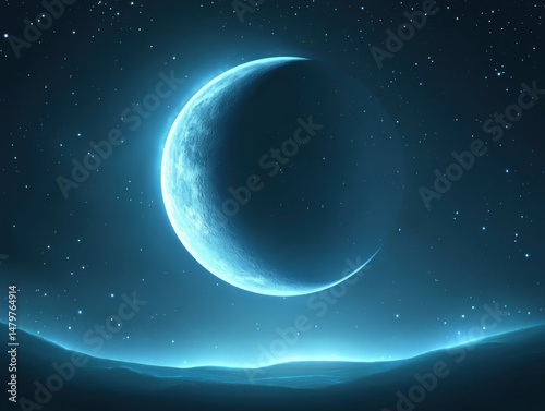 Crescent moon rising over a serene landscape in a starry night sky celestial glow ethereal beauty fantasy scene