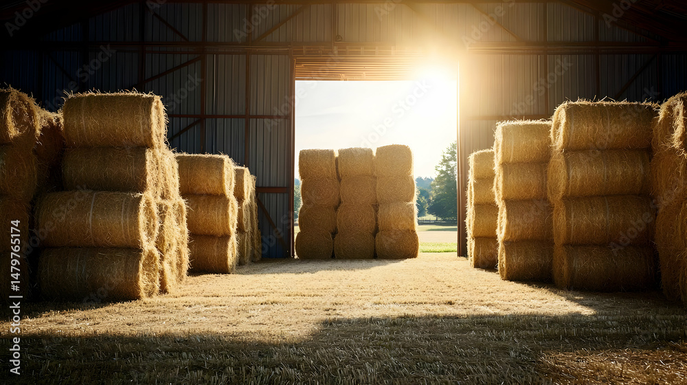 Golden Light Illuminating Hay Bales In Barn Golden Light Illuminating Hay Bales In Barn
