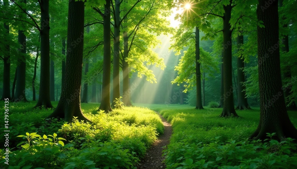 Fototapeta premium Lush green Estonian forest, sunlight dappling through trees , botanical, calm