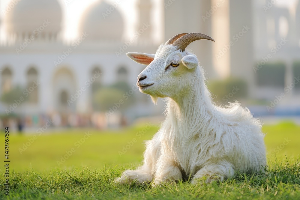 Obraz premium White goat resting in grassy field near a mosque.