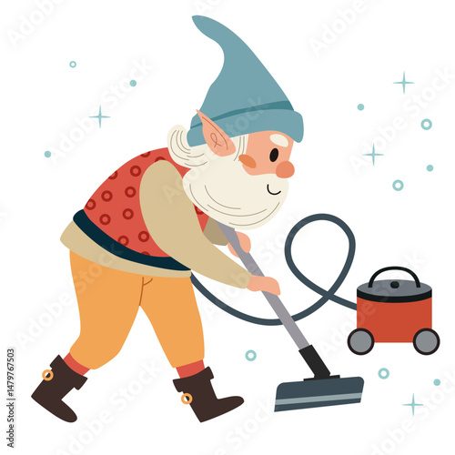 Illustration of a Scandinavian gnome cleaning the floor with a vacuum cleaner. Housework and spring cleaning concept. Flat cartoon style vector for home care