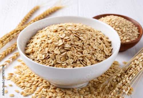 A bowl of oats and a spoonful of oats lay on the table