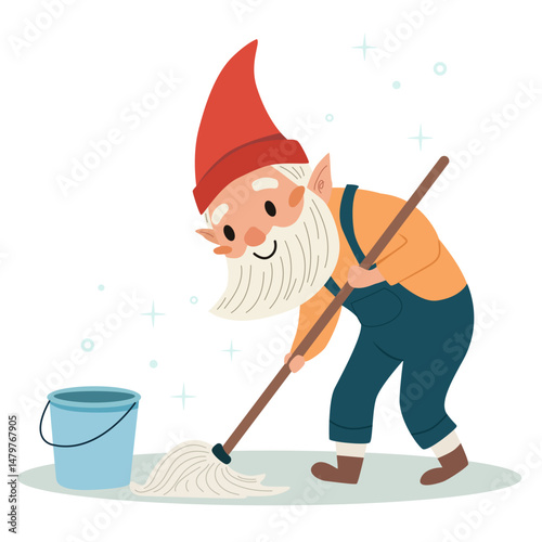 Gnome mopping the floor. Cute house elf cleaning concept. Hand drawn vector illustration