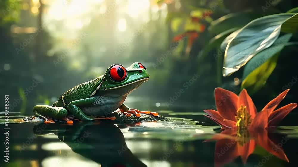 Vibrant red-eyed tree frog perched on a lily pad in a lush, sunlit rainforest, surrounded by greenery