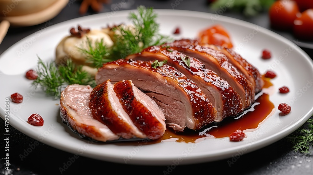 Freshly sliced roast duck served with thin pancakes Freshly sliced roast duck served with thin pancakes