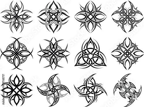 Twelve black and white tribal tattoo designs on a white background