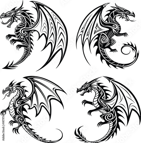 Four dragon illustrations in black and white tribal tattoo style