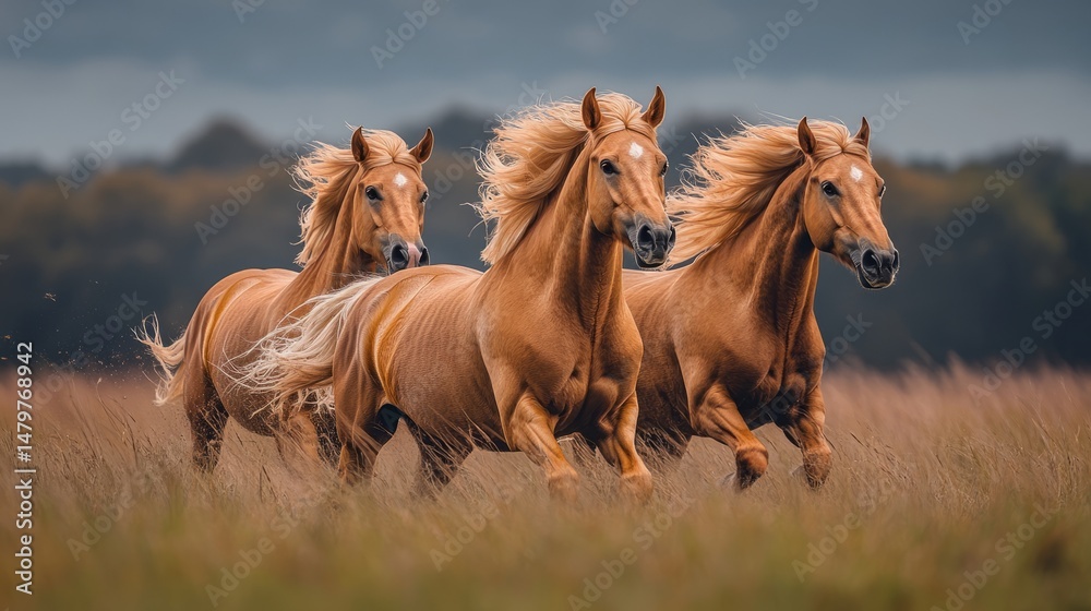 Obraz premium Majestic horses run freely across a lush meadow, their manes flowing in the wind, embodying nature's wild spirit