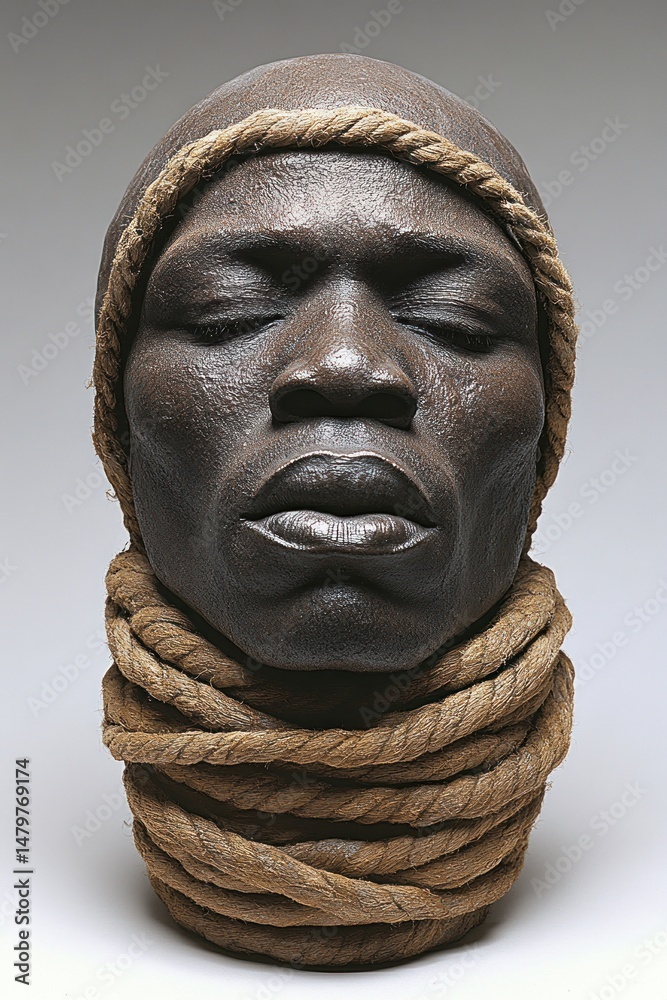Obraz premium Dark-skinned head, bound with rope. Powerful, contemplative expression