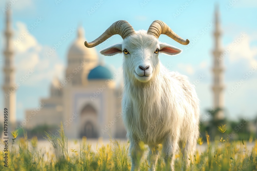Fototapeta premium White goat stands before a blurred mosque.