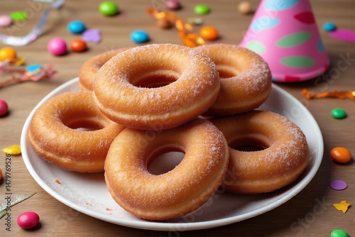 white plate topped with lots of doughnuts covered in powdered sugar