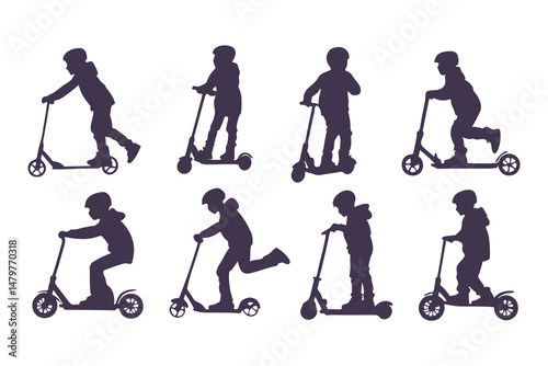 Silhouettes Set of Kids Riding Scooters in Action Poses. Jumping, Pushing, Performing Tricks. Vector Clipart Vector Illustration.