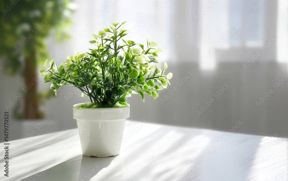 Fototapeta premium A small potted plant on a table with sunlight streaming through the window