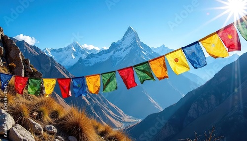 Vibrant prayer flags strung between mountains under a clear blue sky , sky, panoramic view, fluttering