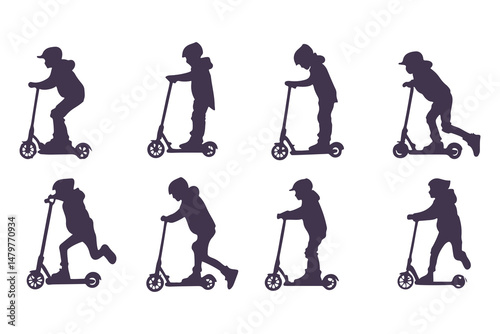 Silhouettes Set of Kids Riding Scooters in Action Poses. Jumping, Pushing, Performing Tricks. Vector Clipart Vector Illustration.