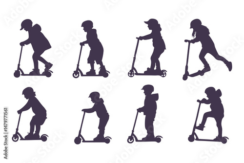 Silhouettes Set of Kids Riding Scooters in Action Poses. Jumping, Pushing, Performing Tricks. Vector Clipart Vector Illustration.