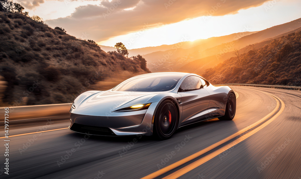 Naklejka premium a sleek electric car driving on a futuristic highway with glowing LED lane markers and embedded solar panels, the road illuminated by a soft blue ambient glow, high-tech city skyline in the distance
