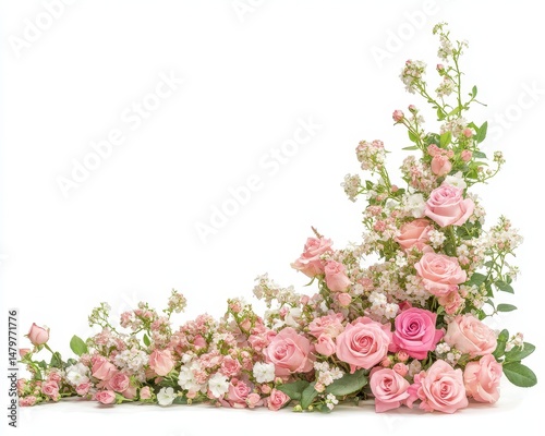 Jasmine Pink. Pink Roses and Jasmine Flowers in a Corner Arrangement on White Background