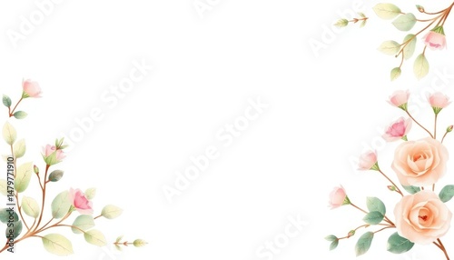 Watercolor floral frame with delicate peach roses and pastel foliage accents