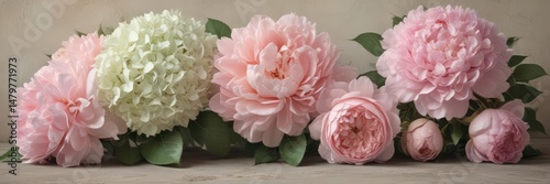 Pastel roses, peonies & hydrangeas on vintage wall backdrop,  botanical,  roses