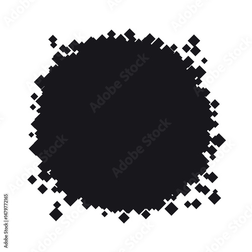 Decorative black circle with diamond pattern. Black round grunge frame with square splashes