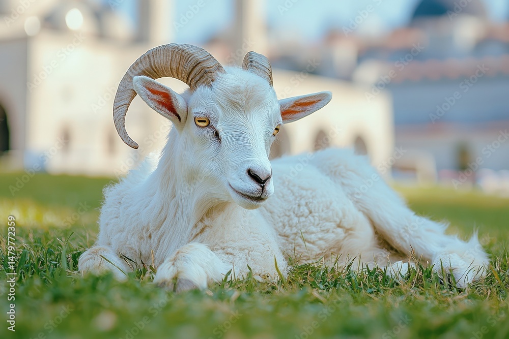 Obraz premium White goat resting on grassy area in a picturesque setting.
