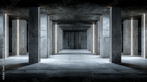 Minimalist interior with concrete columns and glowing light panels, embodying modern simplicity and spacious elegance
