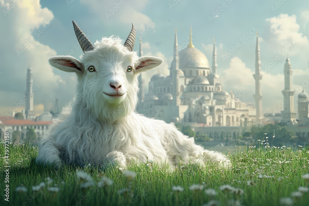Obraz premium Smiling white goat resting in a grassy field.