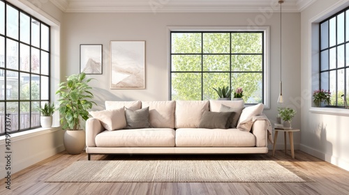 Wallpaper Mural Minimalist living room with beige sofa and abstract art, bathed in soft natural light, embodying contemporary elegance and tranquility.
 Torontodigital.ca