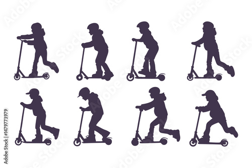 Silhouettes Set of Kids Riding Scooters in Action Poses. Jumping, Pushing, Performing Tricks. Vector Clipart Vector Illustration.