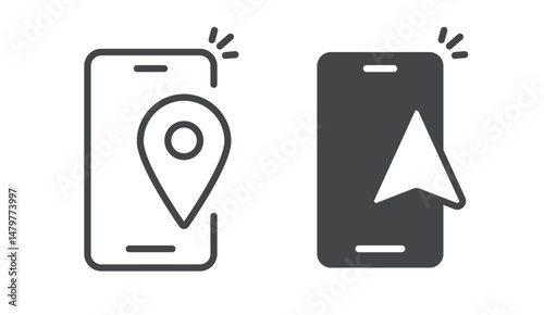 Navigation mobile cell phone icon solid simple line stroke outline vector graphic set, cellphone smartphone gps technology pictogram sign symbol, cellular compass arrow linear thin image clip art