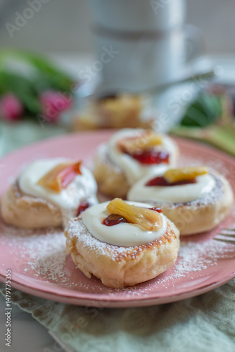 sweet home made pancakes with rhubarb and elderflower