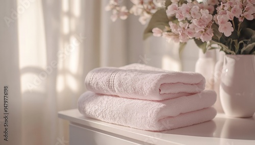 Soft pink towels on a white dresser, by a window with flowers
