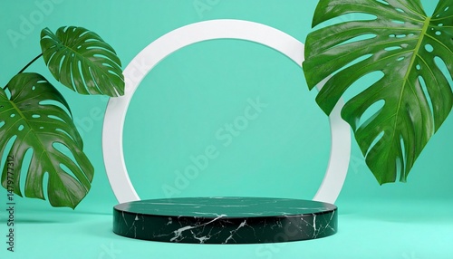 Mockup Black Marble Podium With Monstera Tropic Plants On Mint Background