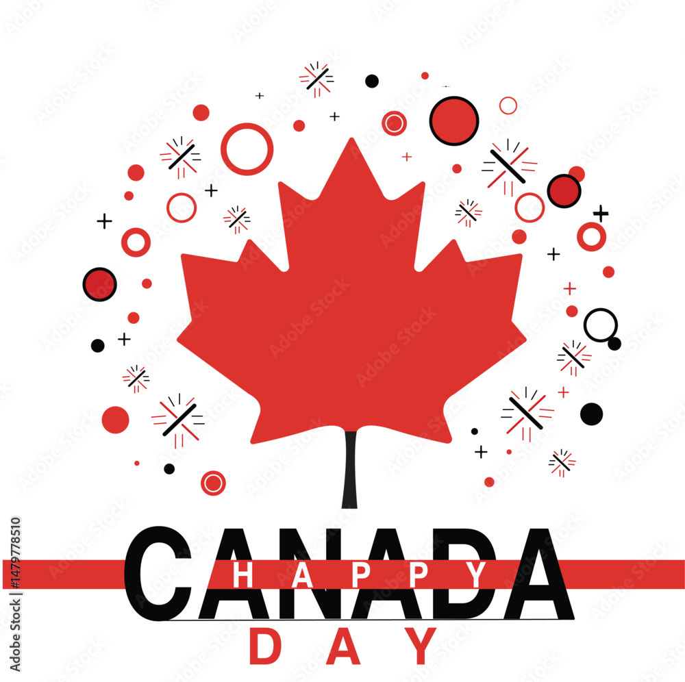 Obraz premium A red maple leaf vector with stylized Happy Canada Day text, perfect for patriotic posters, greeting cards, and national day celebrations