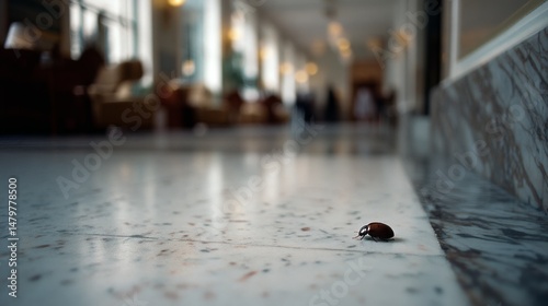 A lone beetle navigates an empty hallway, its tiny form contrasting starkly with the vast, polished floor in a moment of quiet solitude.