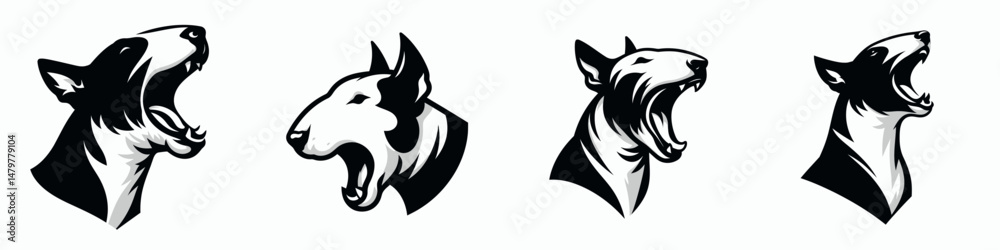 Naklejka premium Bull Terrier Dog. Roar Fierce Aggressive Strong Open Mouth Strength Clipart silhouette Vector Illustration. Stout canine friend short-hair breed loyal companion family pet.