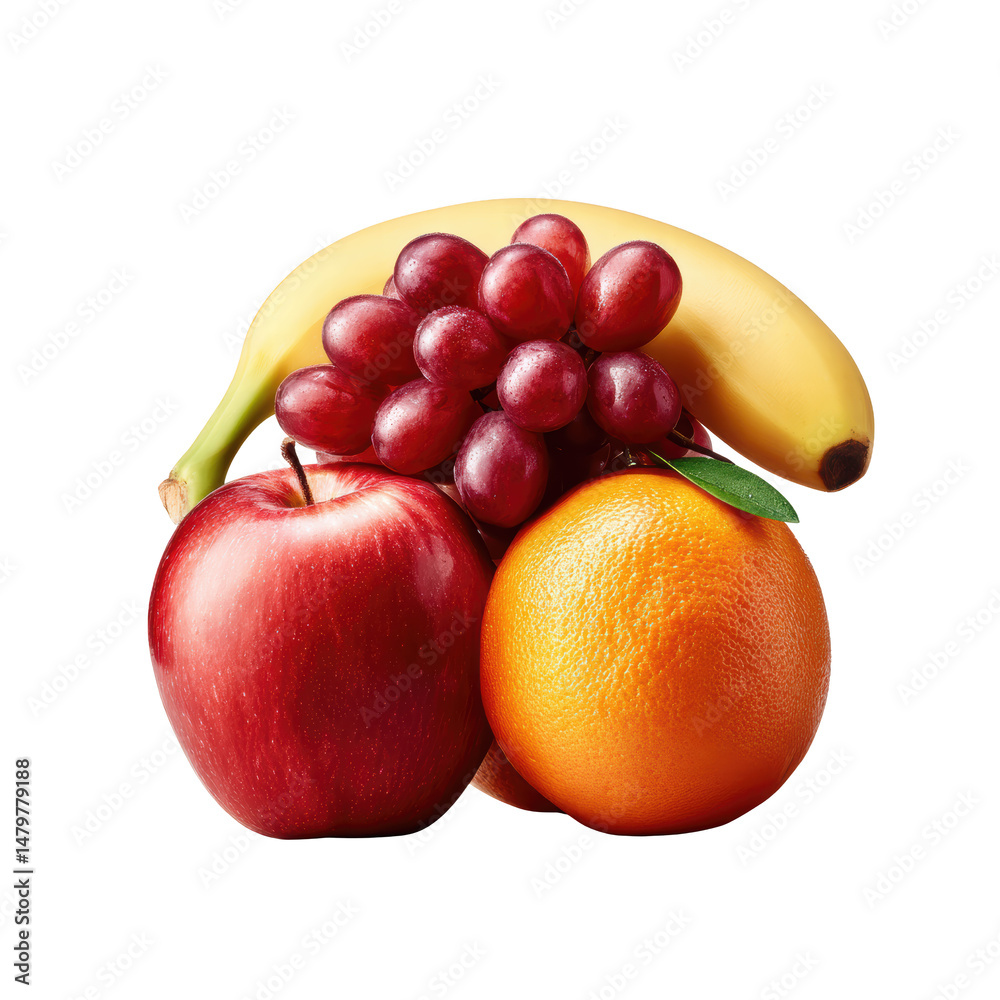 Fruit Collection Apple, Banana, Orange, and Grapes Arranged in a Clean Composition, No Background Effects , Transparent Background Fruit Collection Apple, Banana, Orange, and Grapes Arranged in a Clean Composition, No Background Effects , Transparent Background