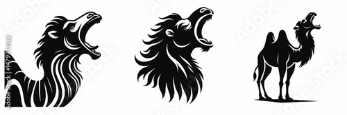 Camel. Roar Fierce Aggressive Strong Open Mouth Strength Clipart silhouette Vector Illustration. Desert beast adaptable livestock for arid zone journey and sustained nomad existence.
