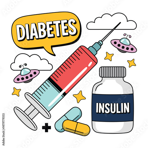Diabetes Treatment Insulin, Syringe, and Medication Cartoon Illustration