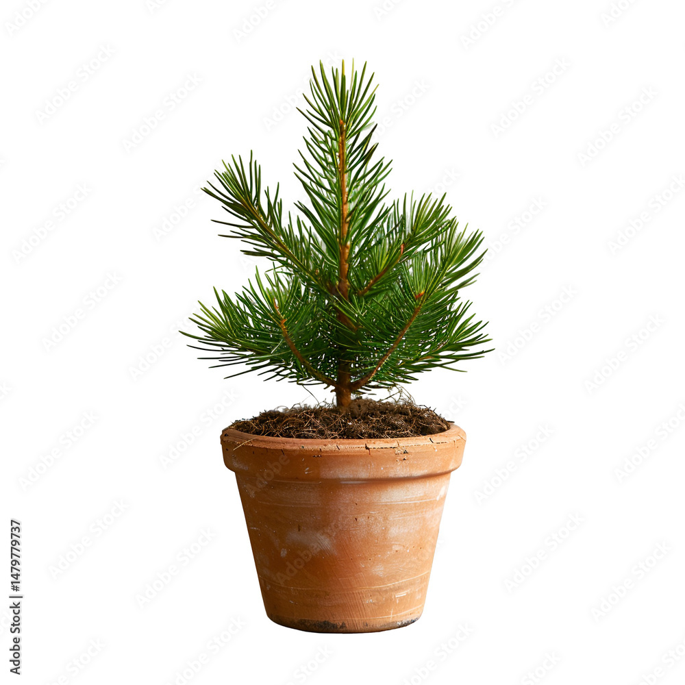 Fototapeta premium Small potted pine tree winter scene