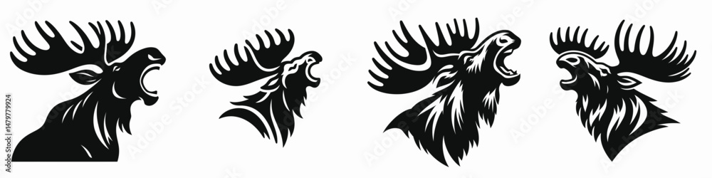 Obraz premium Moose. Roar Fierce Aggressive Strong Open Mouth Strength Clipart silhouette Vector Illustration. Huge elk variation woodland mammal identification wildlife northern forests.
